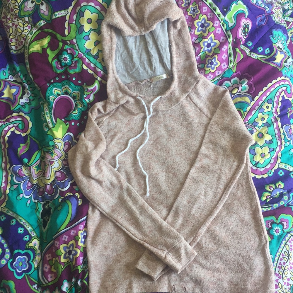Blush pink, white, and grey hooded knit sweater